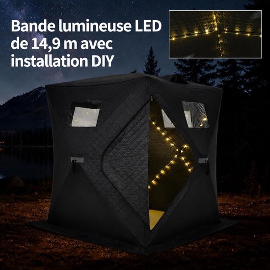Geïsoleerde pop-up ijsvistent voor 2–3 personen - 210D Oxford stof - zwart - waterdicht met geïntegreerde LED-strip - 152×152×193 cm — afbeelding 2
