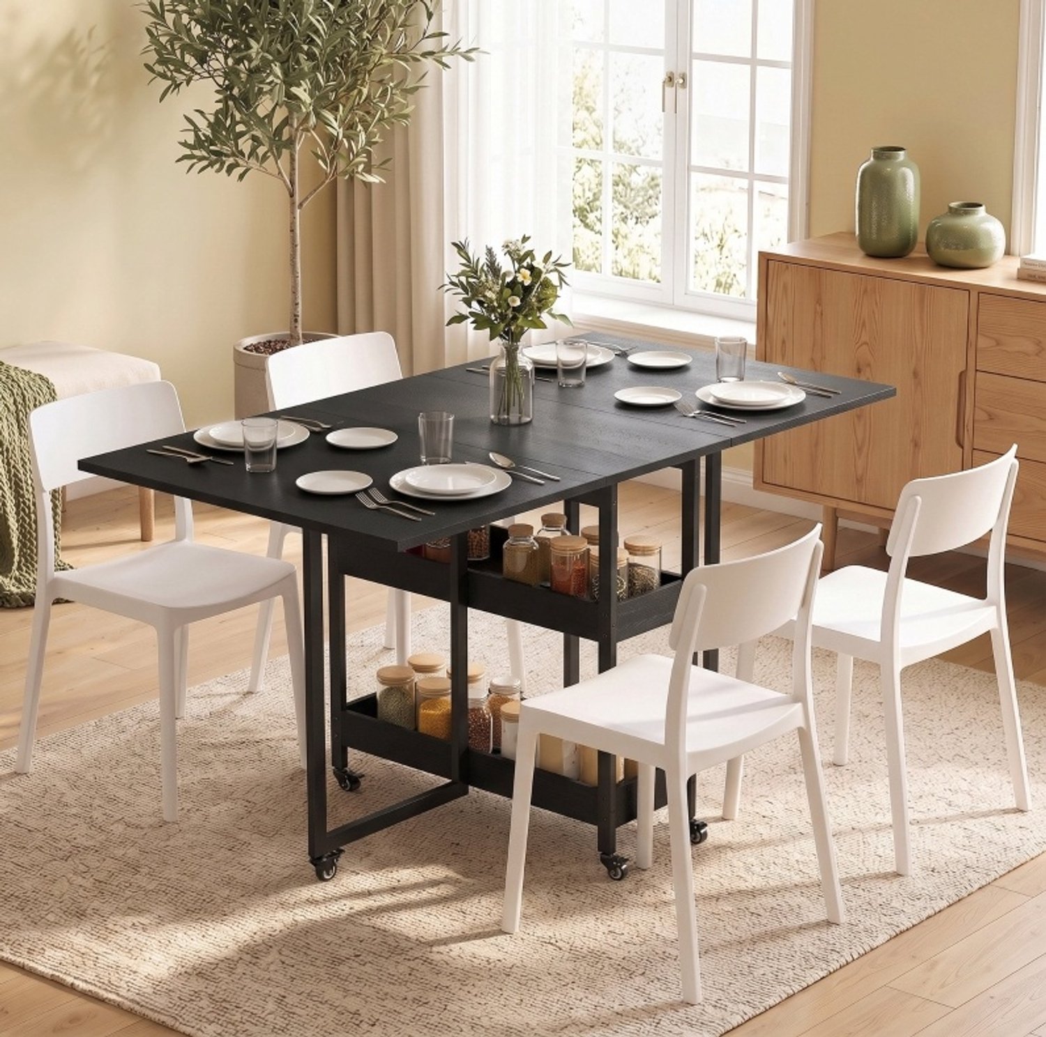 MIVRAY Klapbare Eettafel - Industriële Stijl Met Open Opbergvakken En Wieltjes - Voor Maximaal Vier Personen - Zwart - 133,4 x 80 x 75 Cm