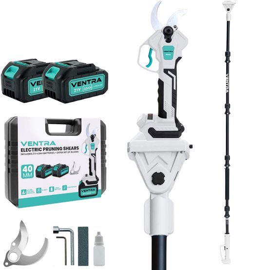 Ventra elektrische snoeischaar set met 21V accu's, 2,5m telescoopsteel, extra messen en opbergkoffer.