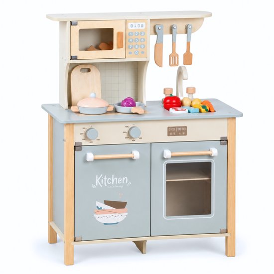 Dastium Kids houten speelkeuken in pastelblauw met pannenset, keukengerei en houten speelgoedeten.