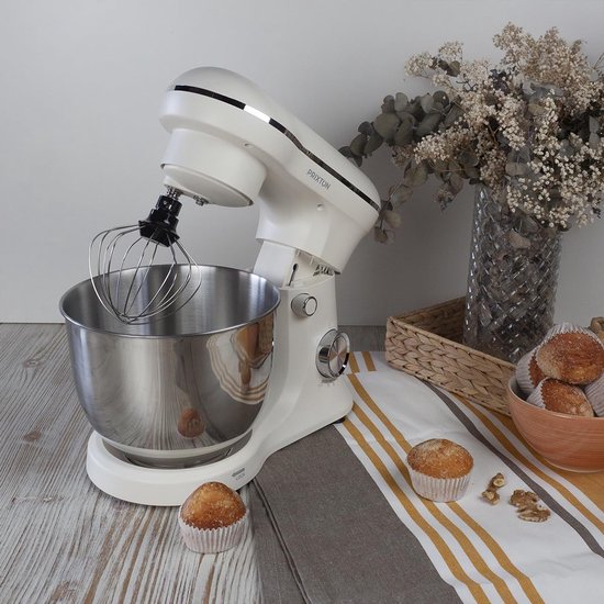 Kneedmachine voor Bakwaren, Vermogen 1500 W, 10 Snelheden, 5 liter Roestvrijstalen Kom, 3 accessoires, Transparant Deksel, Kleur Wit — afbeelding 3