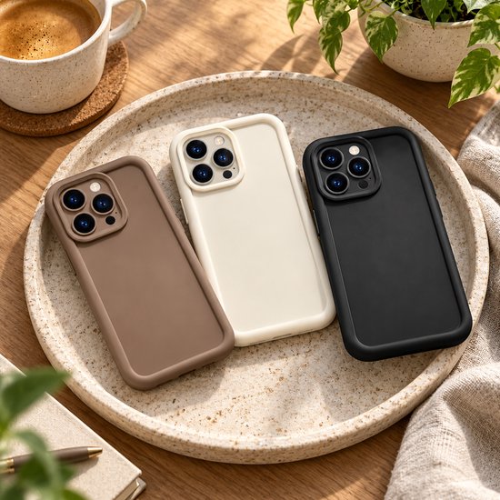 Set van drie telefoonhoesjes in matbruin, beige en zwart op een decoratief dienblad.
