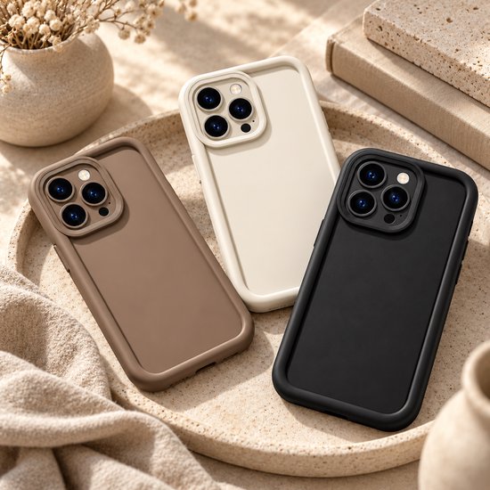 Drie matgekleurde telefoonhoesjes in bruin, beige en zwart naast boeken en een plant.