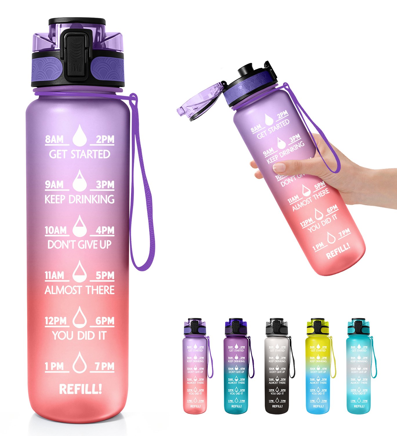 Drinkfles met rietje - lekdicht - BPA-vrij - tijdsaanduiding - draagriem - herbruikbare waterfles voor werk, sport en onderweg(Paars en oranje)