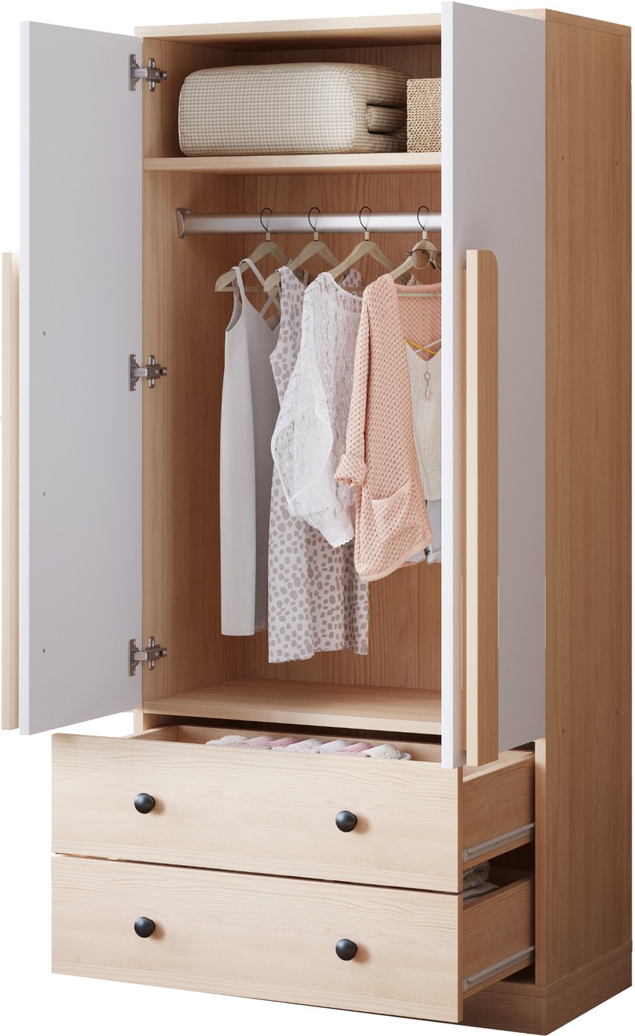 Kledingkast Met Draaideuren - 70 x 40 x 170 cm - Met Groot Opbergvak En Twee Lades - Wit Met Houtkleur - Voor Slaapkamer En Kleedkamer