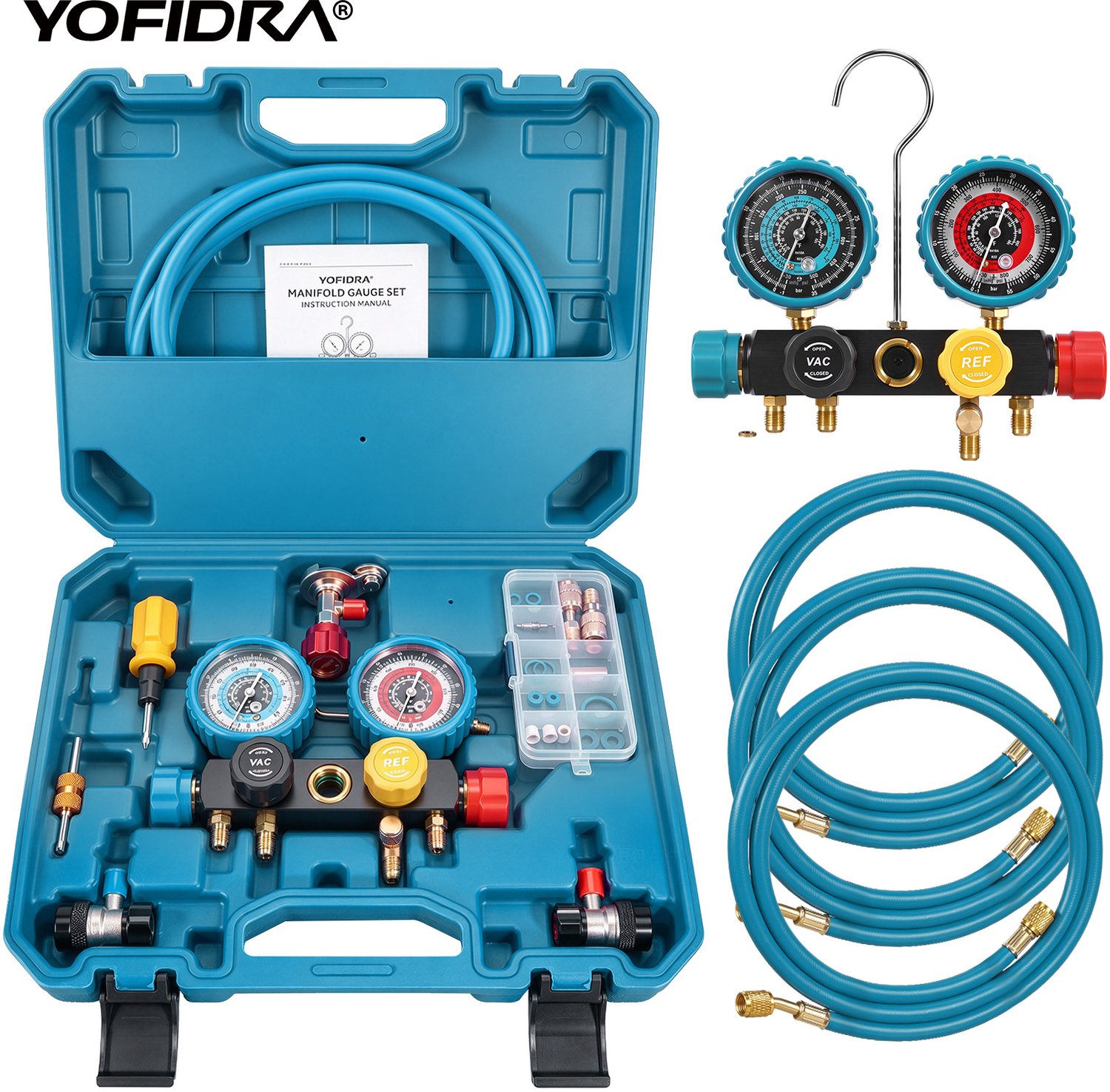 Yofidra Koelmiddelmanometer - Airconditioning-manometerset - voor het laden en meten van koelgas - koelmiddel R134a, R410A, R22 en R404A