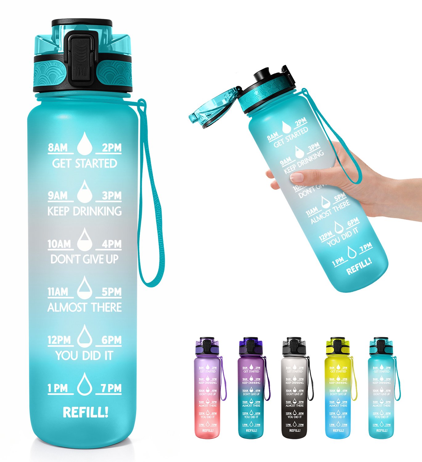 Drinkfles met rietje - lekdicht - BPA-vrij - tijdsaanduiding - draagriem - herbruikbare waterfles voor werk, sport en onderweg(Groen verloop)