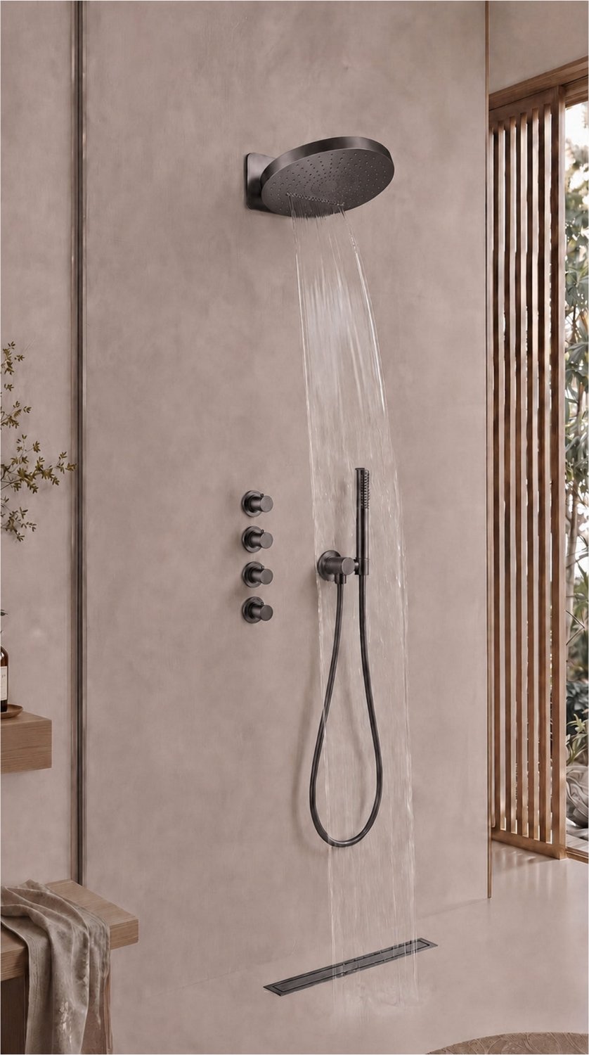 UniMatch Pluuto hoofddouche rond 2 standen met muurbevestiging gunmetal