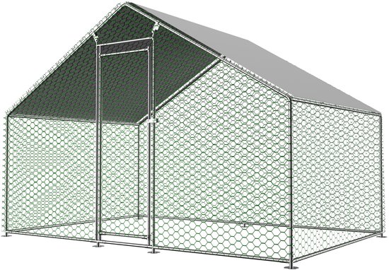 WUVRIE - Kippenren 303x200x200 cm - Verzinkt stalen frame met PE-dak en veiligheidsslot - Zilver