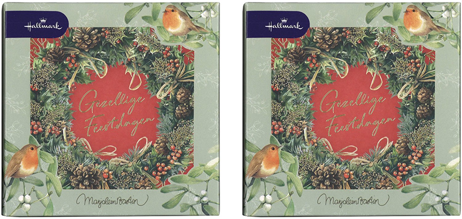 Hallmark - Marjolein Bastin - 16 Kerstkaarten - Krans - Goudfolie - Vierkant - Kerst - Nieuwjaar - 13 x 13 cm