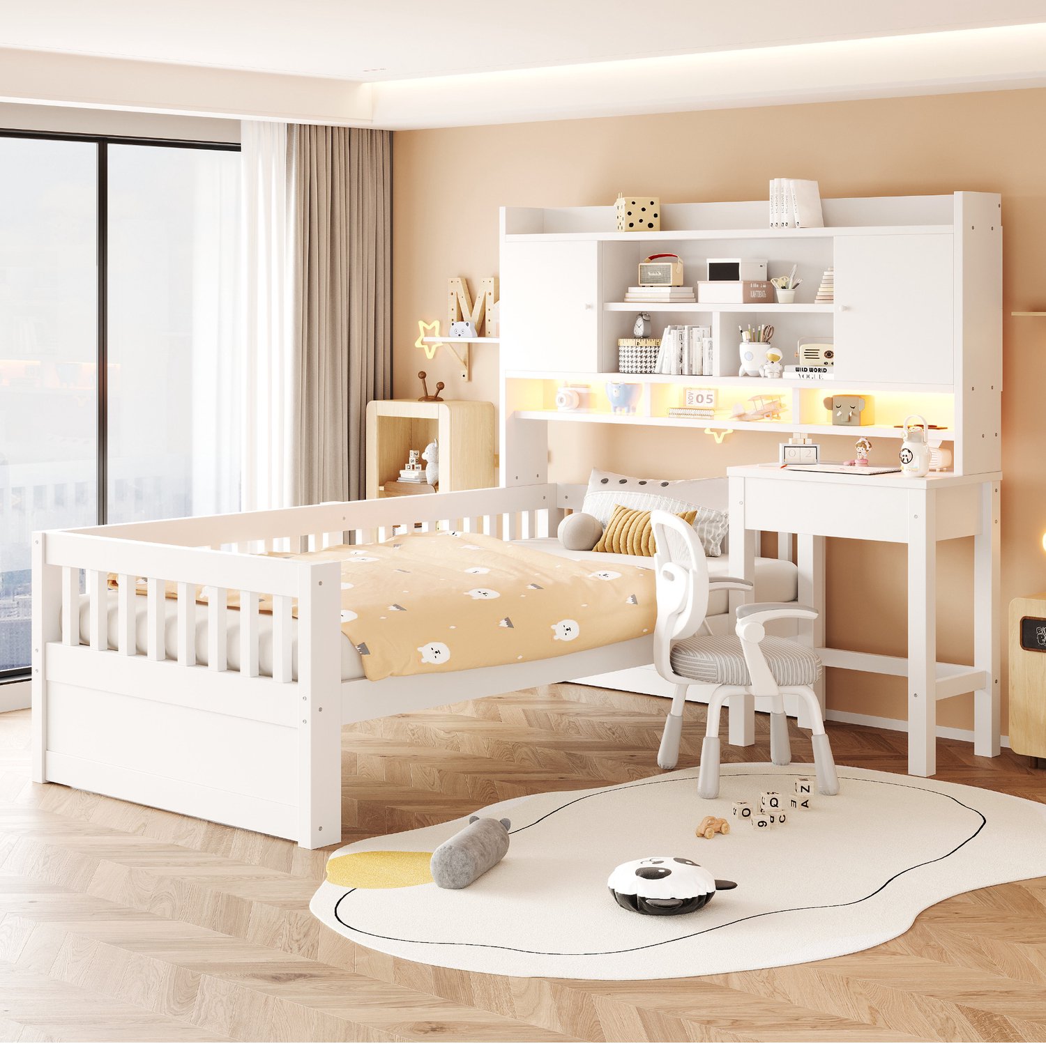 COVREO Kinderbed met bureau – 90x200 cm – Eenpersoonsbed met opbergruimte – LED-verlichting en stopcontact – Wit - zonder matras