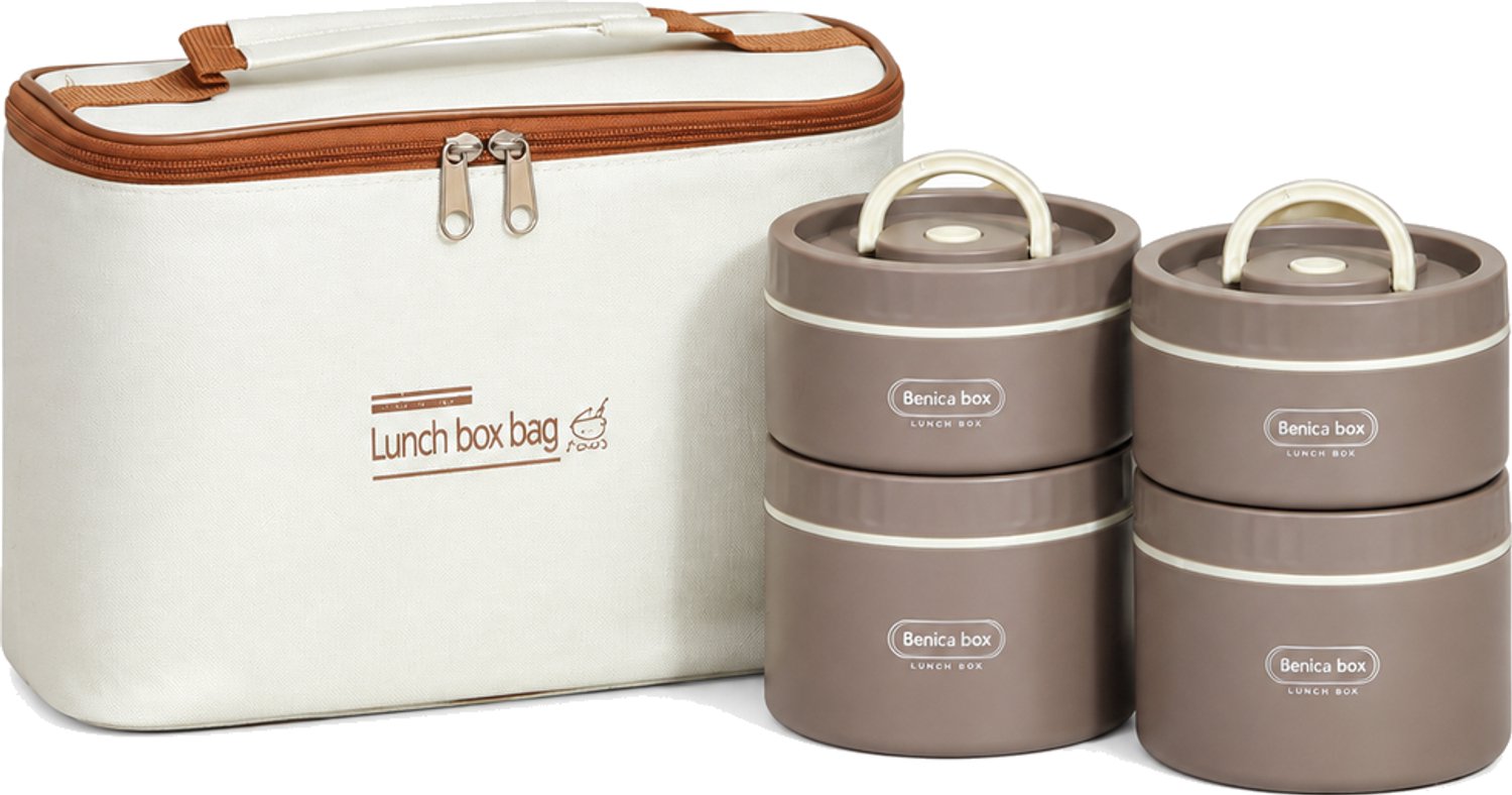 Broodtrommelset met vier ronde lunchboxen, twee van 620 ml en twee van 420 ml, met geïsoleerde tas en bestek