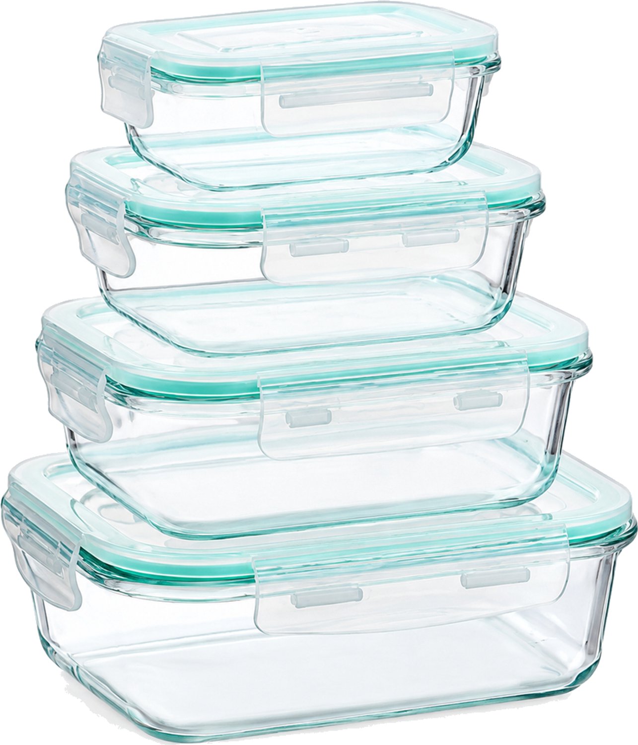 Broodtrommelset van glas met deksels en clips, 4 formaten: 200, 370, 640 en 1040 ml