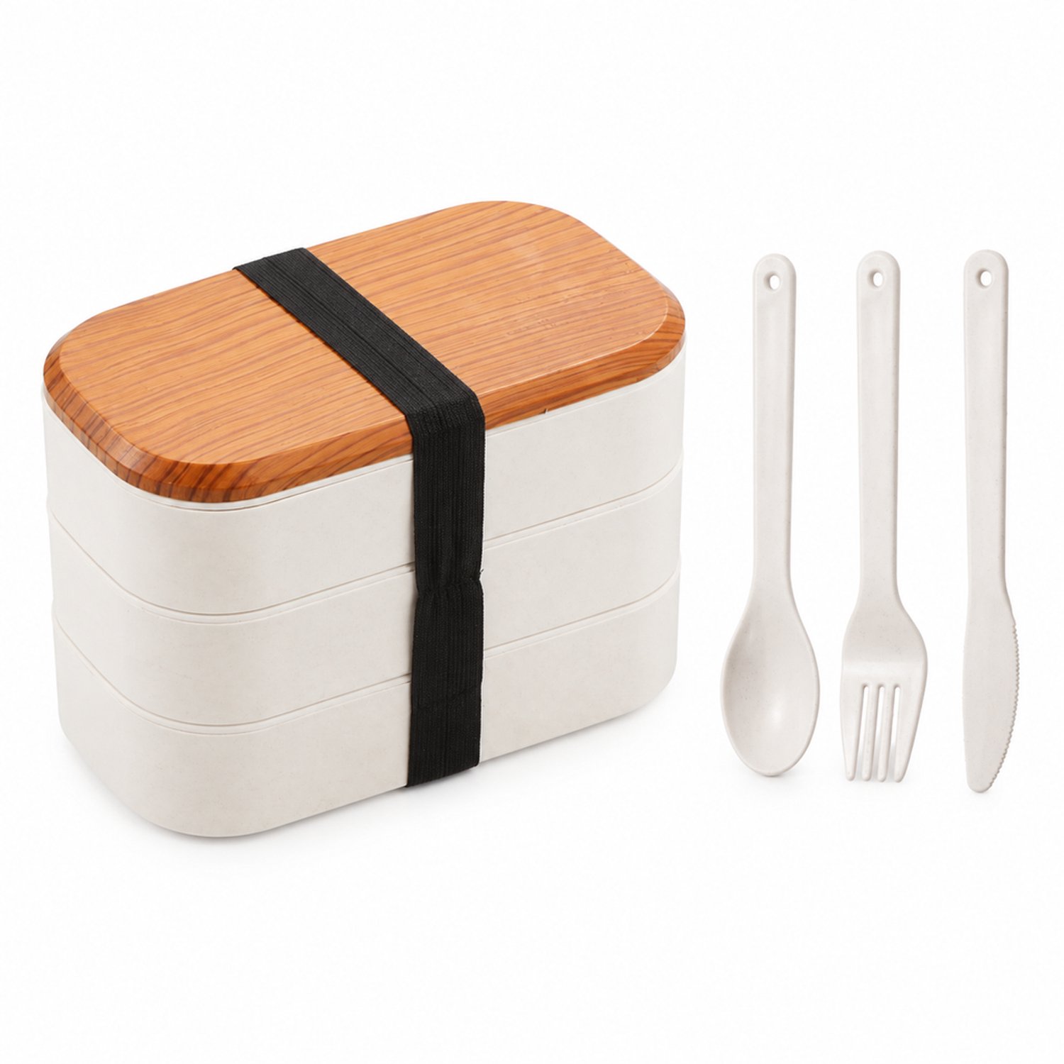 Broodtrommel met drie lagen, deksel met houtnerflook, bestek en elastische band, wit