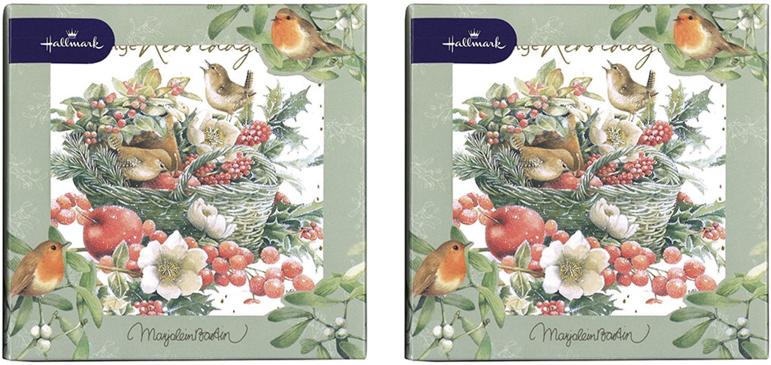 Hallmark - Marjolein Bastin - 16 Kerstkaarten - Vogeltjes & Mand - Goudfolie - Vierkant - Kerst - Nieuwjaar - 13 x 13 cm