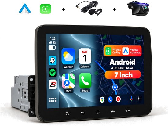 Boscer 1Din Autoradio Universeel - Android 15 - 4+64GB - Apple Carplay & Android Auto (Draadloos) - 7 Inch IPS HD Touchscreen - Navigatiesysteem - Bluetooth, USB & MP5 - GPS - WIFI - Achteruitrijcamera & Microfoon