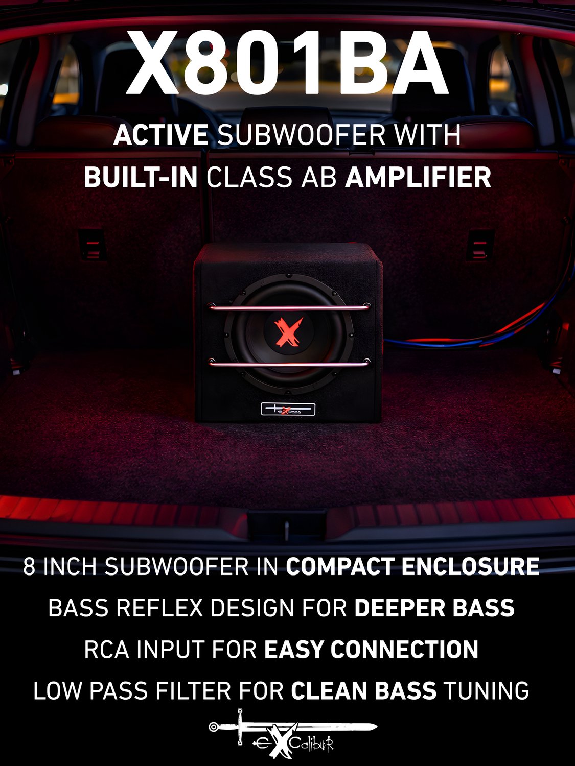 Excalibur X801BA - Subwoofer Auto met Versterker - 8 Inch Auto Subwoofer - Actieve Subwoofer Kist - 1100 Watt – foto 6