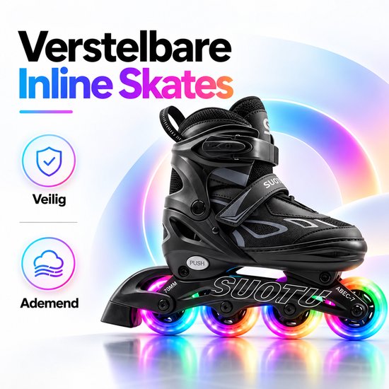 Verstelbare zwarte inlineskates met oplichtende LED-wielen, veilig en ademend ontwerp.