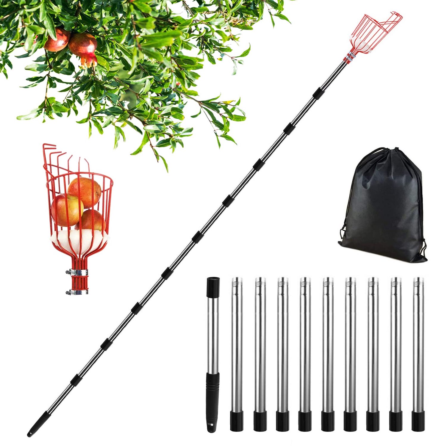 SnelShoppen - Appelplukker met telescopisch handvat 4,3 m, roestvrijstalen fruitplukker voor perzik, citroen en meer, tuin gereedschap, Ø 145 mm, idea