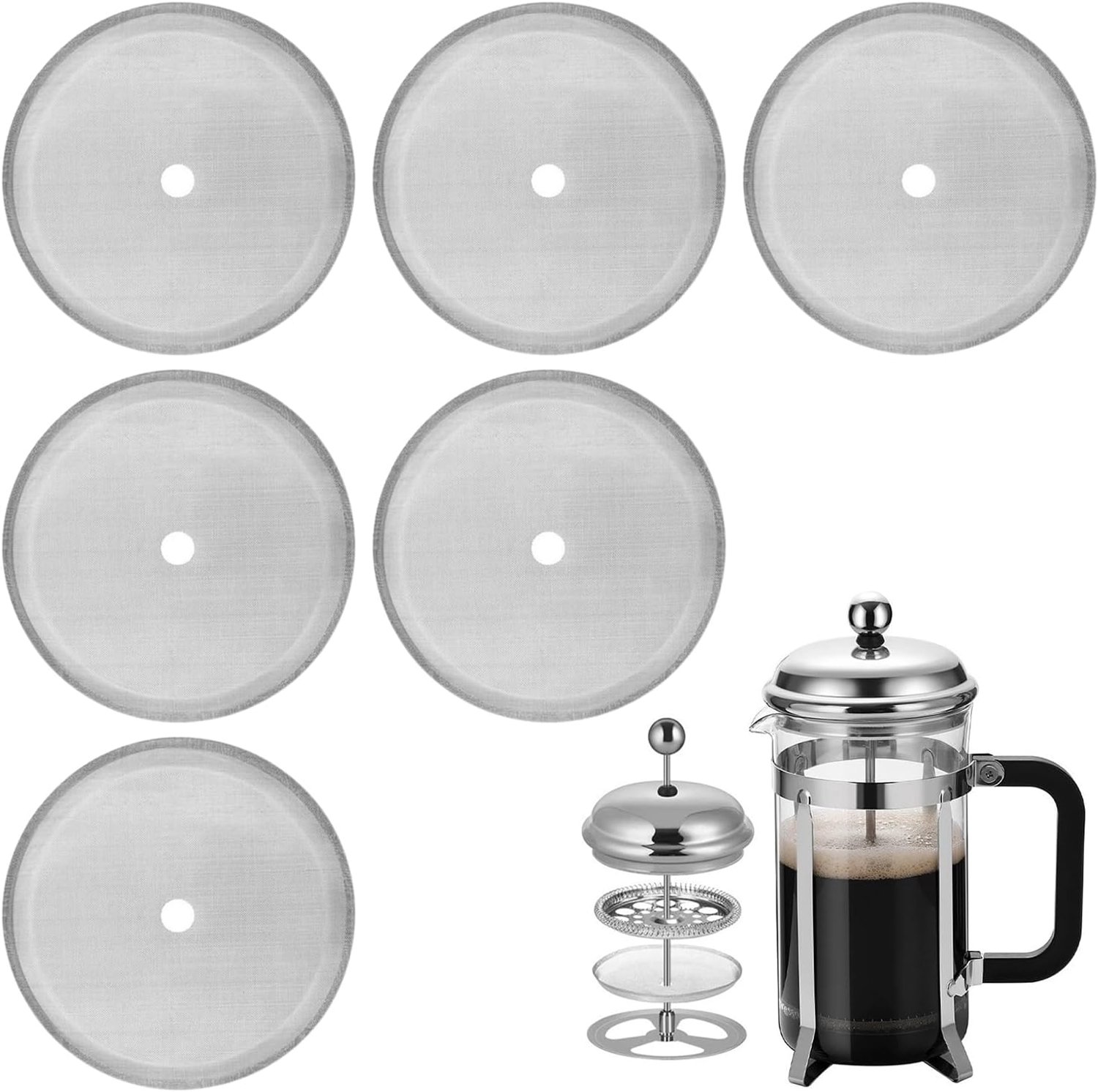 Cafetiere filtergaasschermen 10 cm - roestvrij staal - 6 stuks - herbruikbaar voor 8 kopjes - ServiceTopper