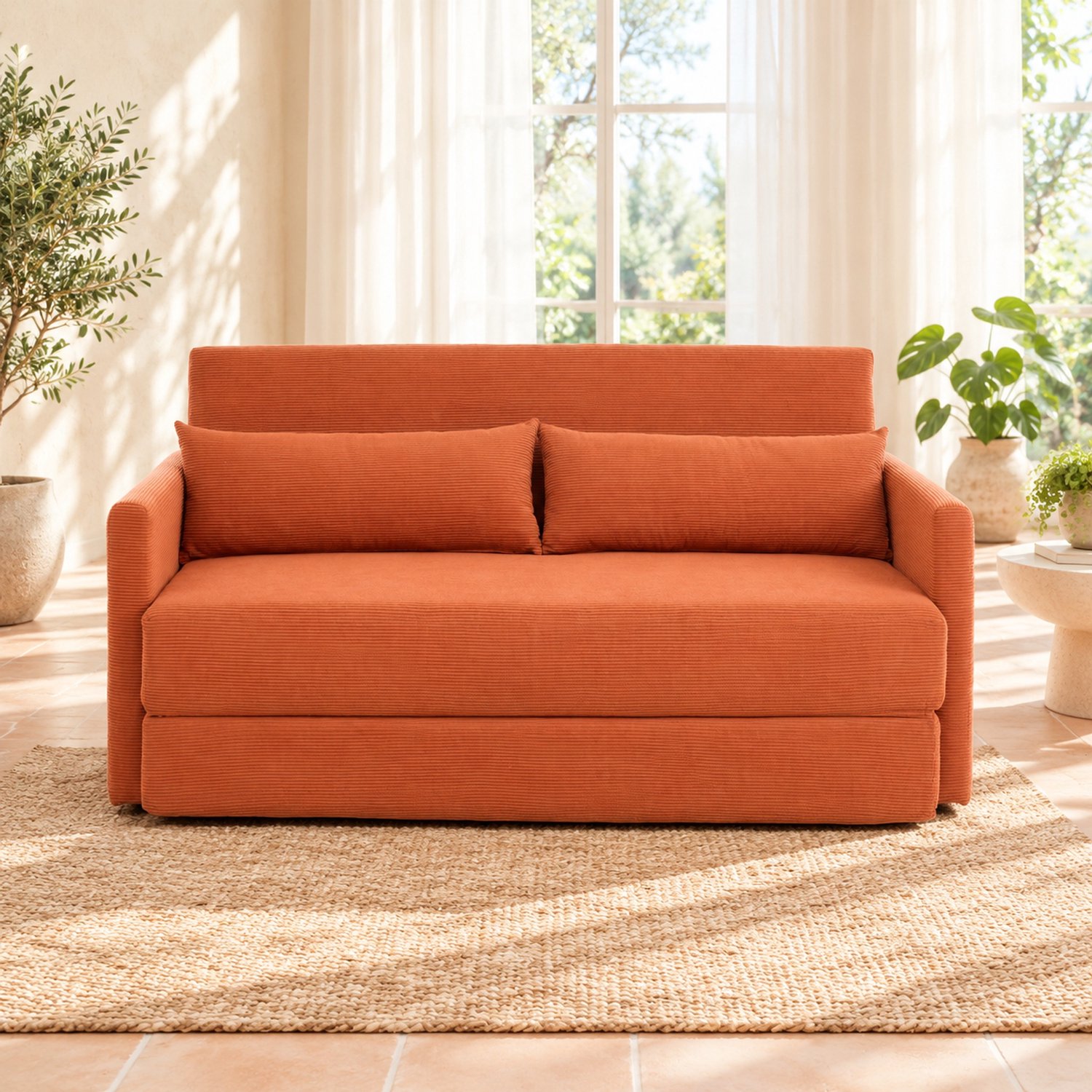 WUVRIE 2-zits slaapbank - 2-in-1 klapsofa van cordstof met opbergvakken - Oranje