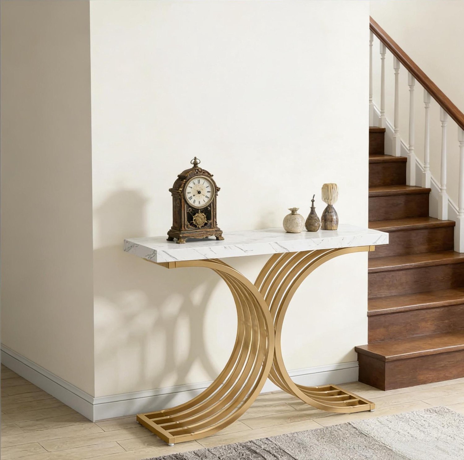 WUVRIE Sidetable 100x30x80 cm - Kunstmarmeren blad en metalen onderstel - Goud/wit