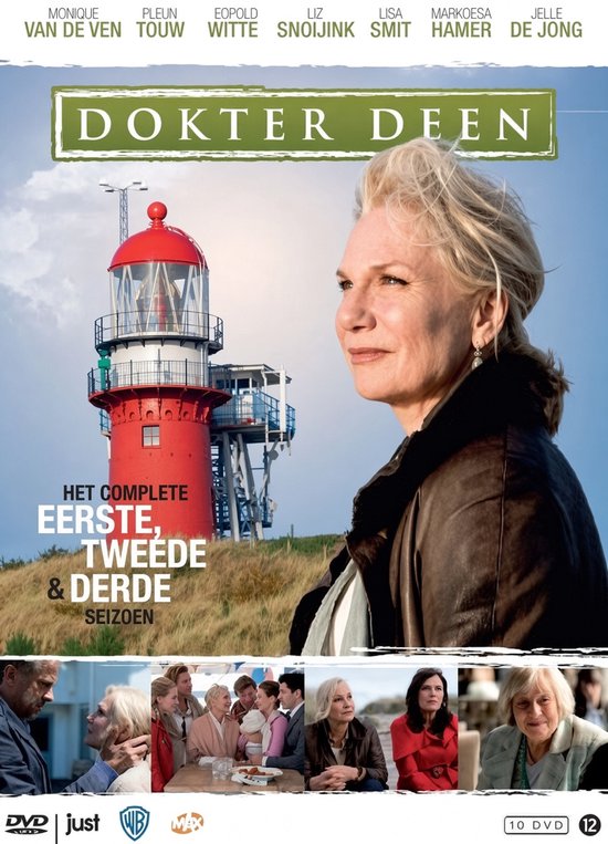 Dokter Deen dvd-hoes met actrice voor een rode vuurtoren en scènes uit de serie. Tekst: Het complete eerste, tweede & derde seizoen.