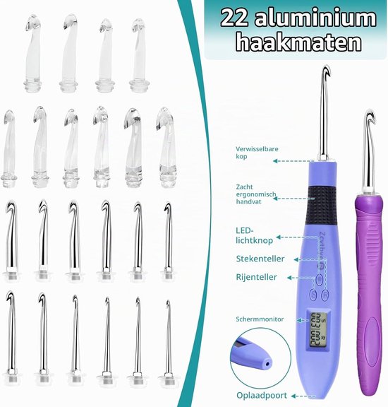22-in-1 LED haaknaaldenset met teller, 22 maten (0.3-1.5 cm), kunststof, paars, inclusief opbergtas voor haken en breien — afbeelding 4