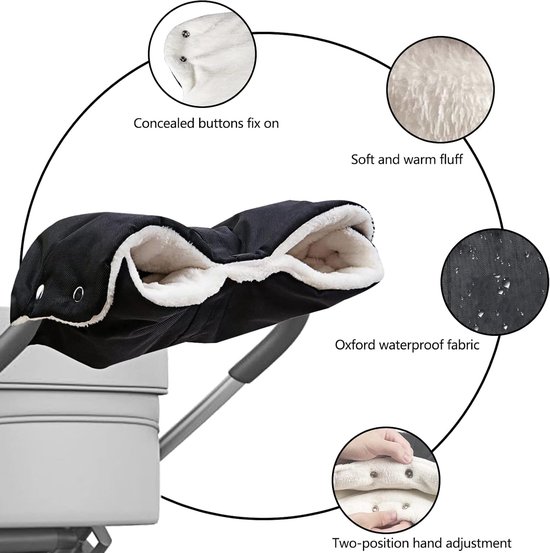 Warme handschoenen/handhoezen voor kinderwagens, gemaakt van warm fleece met een katoenen voering; water- en winddicht, universeel compatibel met alle soorten kinderwagens; kunnen ook gebruikt worden als stuurverwarmers voor fietsen. — afbeelding 4