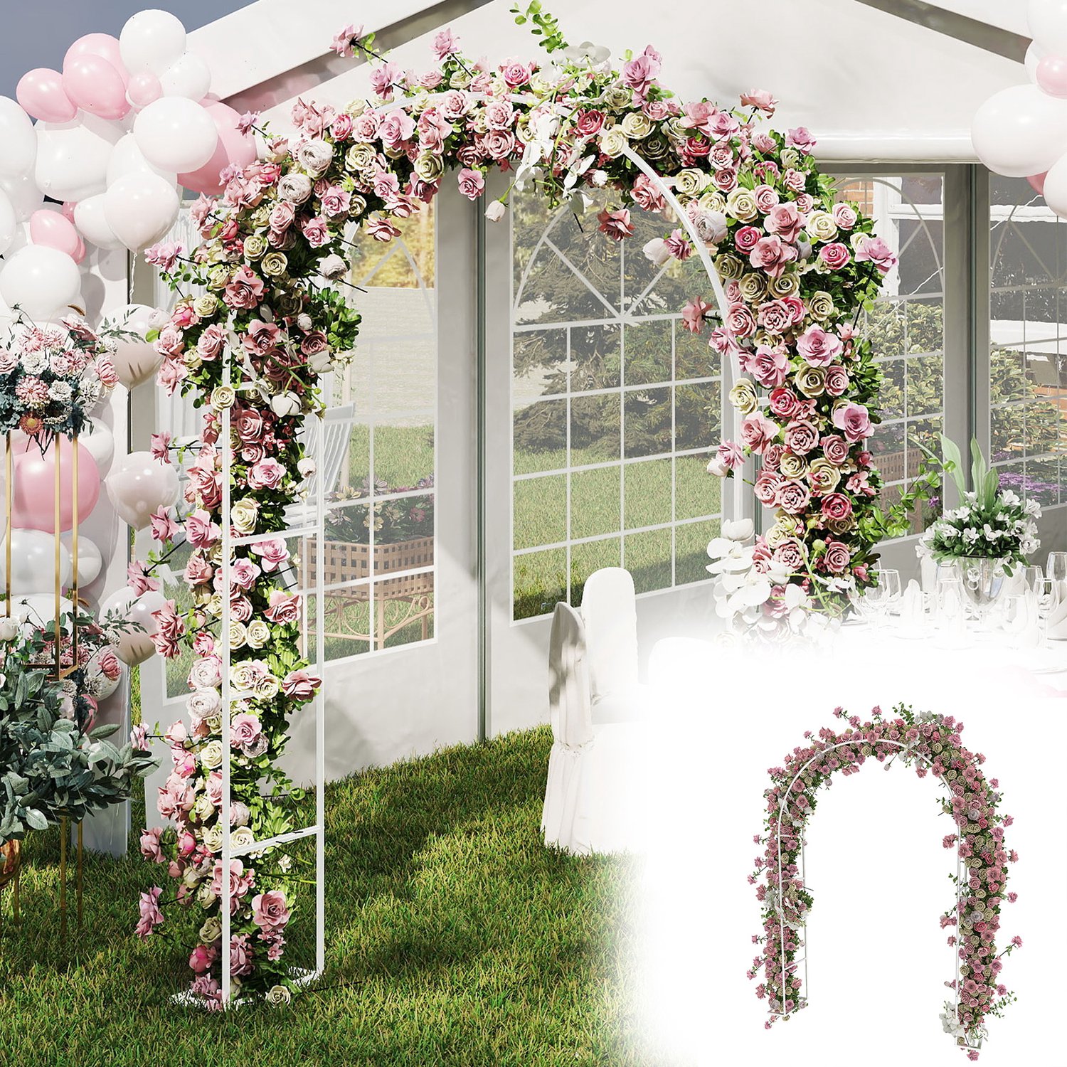 Aufun Rozenboog Tuinboog - Metalen boog Tuinroosbogen - Trellis Rozensteun voor rozen en klimplanten Rozenframe Plantenboog Extra breed plantenframe - Wit
