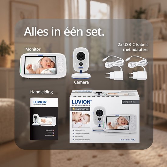 Luvion Platinum Ultra set met monitor, camera, kabels, adapters en handleiding in een witte doos.