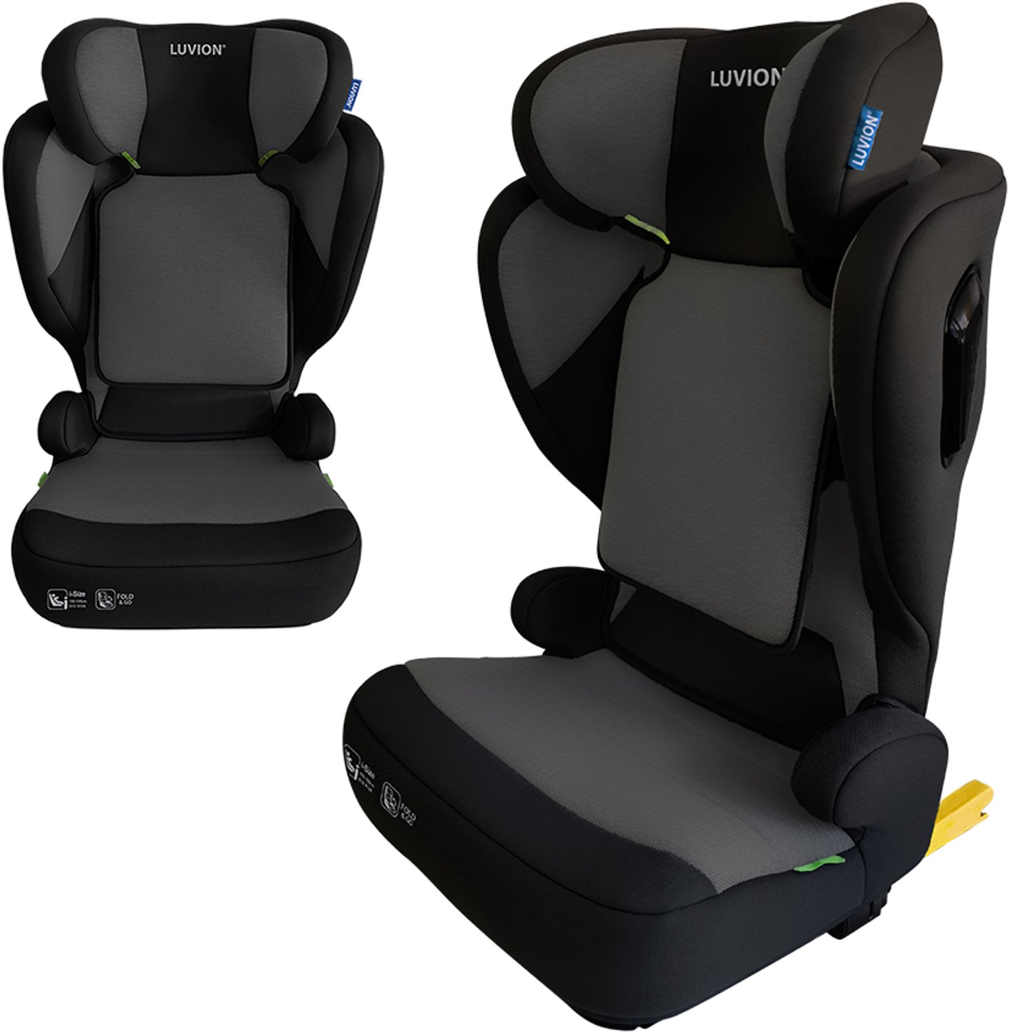 LUVION® FLEX-i Opvouwbare Autostoel – Shadow Blend (i-Size 100–150 cm) - Autostoel Groep 2 3 - Autozitje geschikt voor (3,5 tot 12 jaar) - Zwart & Grijs