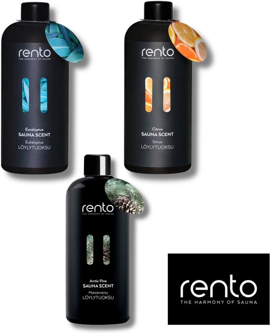 Drie zwarte Rento saunageurflesjes met eucalyptus, citrus en dennengeur en bijbehorende afbeeldingen op labels.