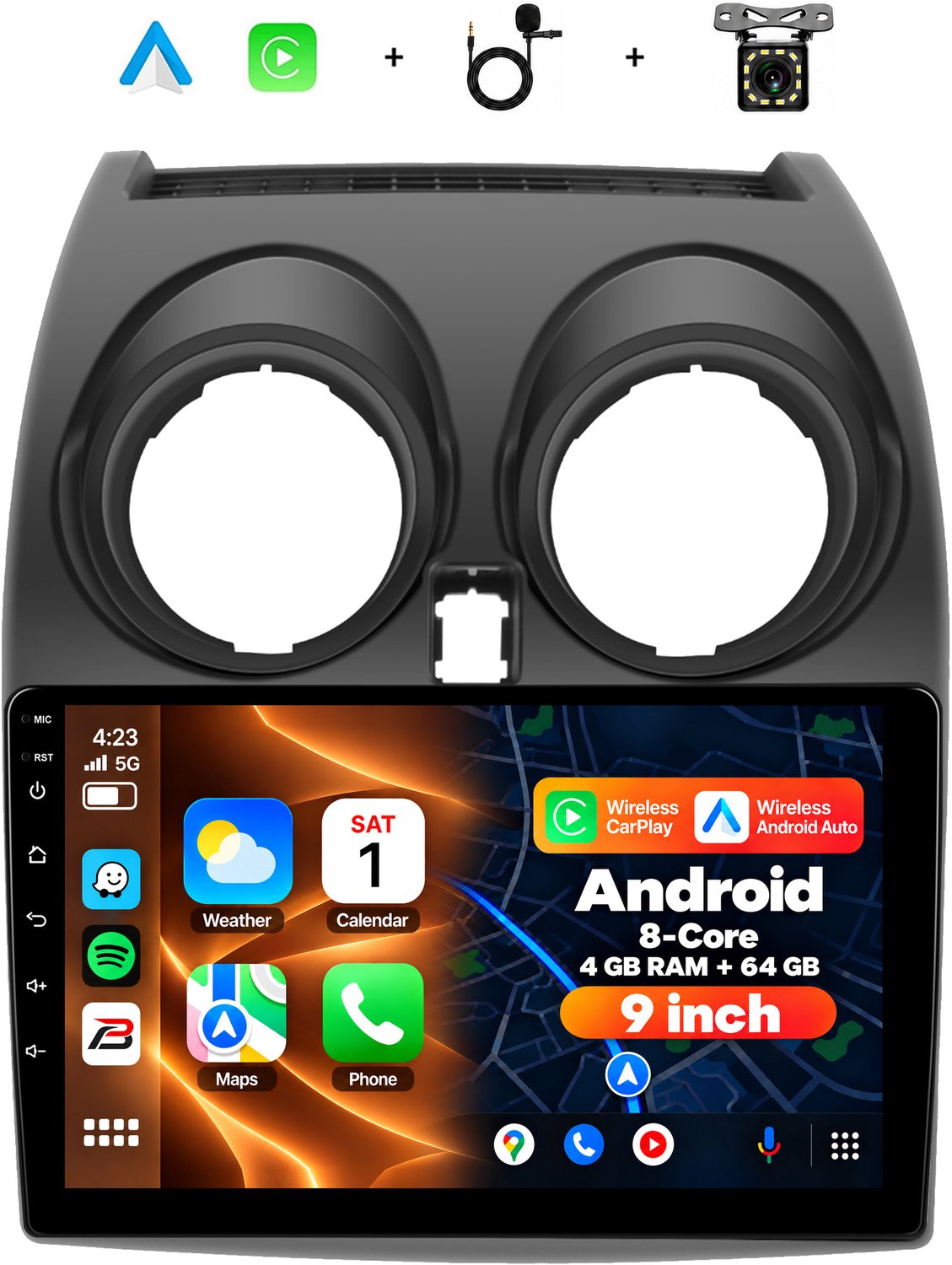 Boscer 2 Din Autoradio - Geschikt voor Nissan Qashqai (2006-2016) - Draadloos Apple CarPlay & Android Auto - 8-Core Snapdragon - 9 Inch HD Touchscreen - 4+64GB - Interne Koeling - GPS - WiFi, Bluetooth & USB - Achteruitrijcamera & Microfoon