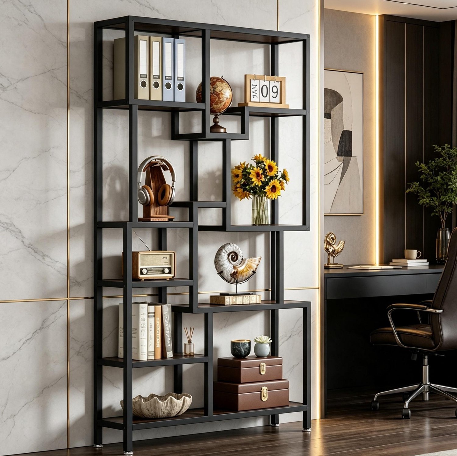 MIVRAY Boekenkast – 7 Open Niveaus – 100 x 30 x 180 cm – Hout En Metaal – Zwart En Rustiek Bruin – Industriële Opbergruimte