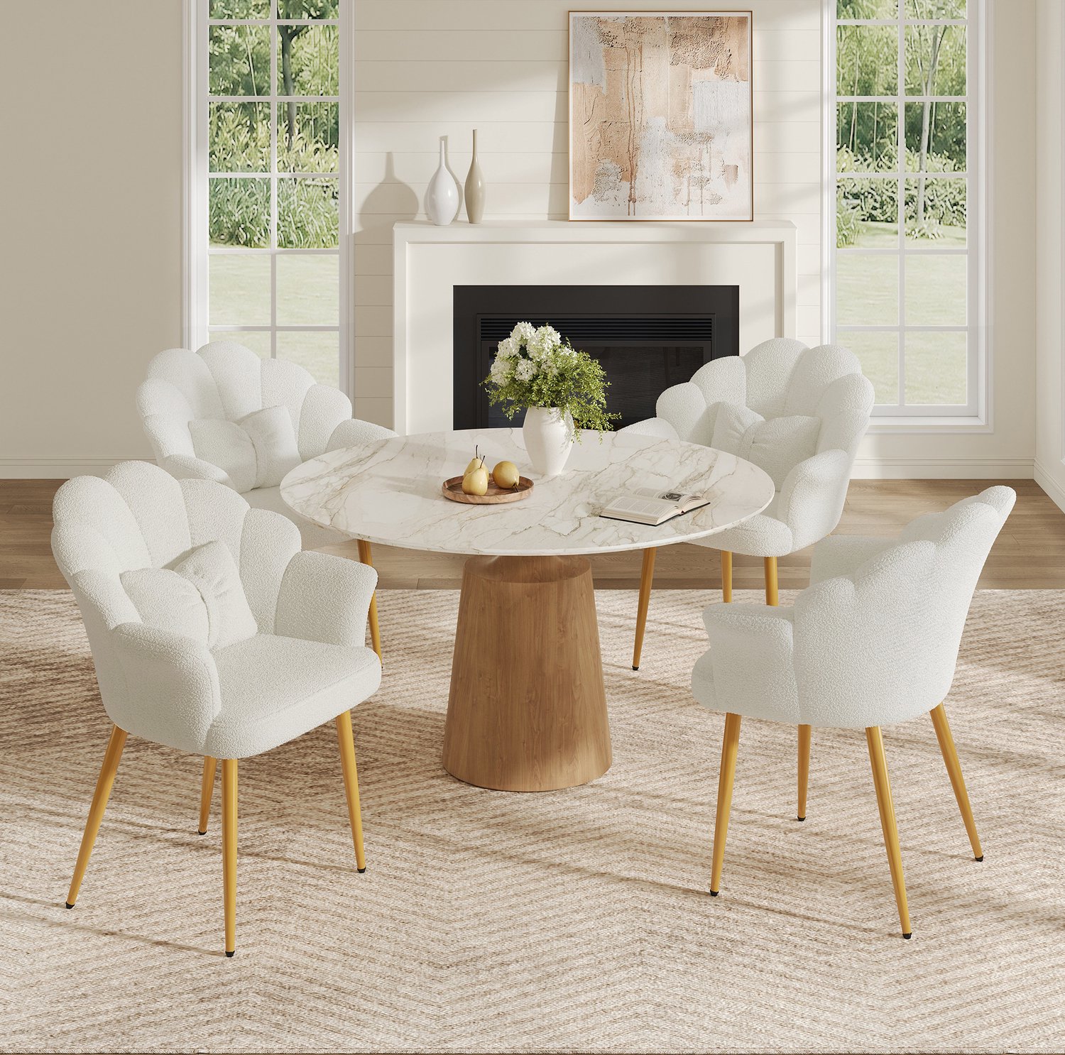 OKWISH Eetkamerstoel 64 x 65,5 x 85 Cm - Set Van 4 Met Armleuningen En Bloemvormige Rugleuning - Teddy Stof - Eetkamer - Wit