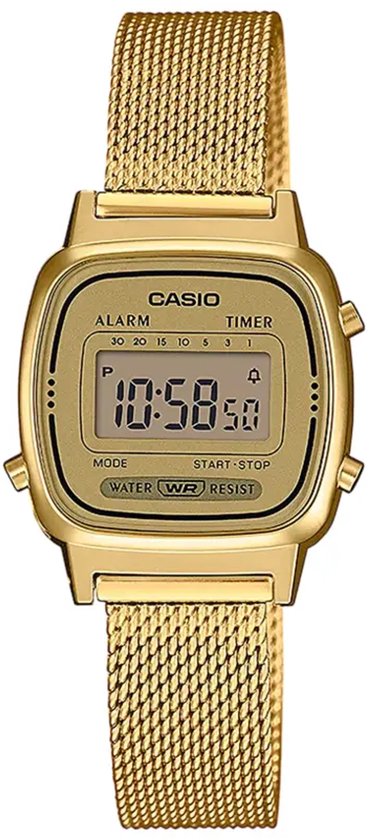 Goudkleurig Casio digitaal horloge met vierkante kast, display met alarm en timer, en een fijne mesh horlogeband.