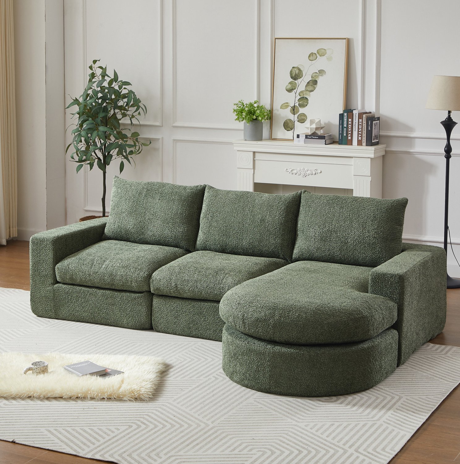 Wishdor Modulaire hoekbank met chaise longue - Driezits - Omkeerbare ligplaats - Vier modules - Dubbele kussens - Chenille - Groen - Woonkamer - 251 x 160 x 81 cm