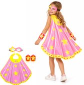 Joya Kids® Verkleedset Meisje | Superheldin Cape Masker Armbanden | Roze met Gele Sterren | Verkleedkleding Kinderen 3-8 Jaar | Carnaval & Rollenspel | Superheld Ster | Verkleedkleding 3-delig | Roze en Geel