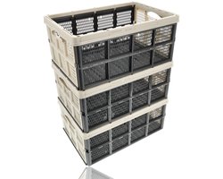 Vouwkrat 3 Stuks – 32 Liter – Boodschappenkrat Opvouwbaar – Opvouwbare Krat – Inklapbare Opbergkrat – Kunststof Stapelbare Kratten voor Auto en Opslag – Beige/Zwart