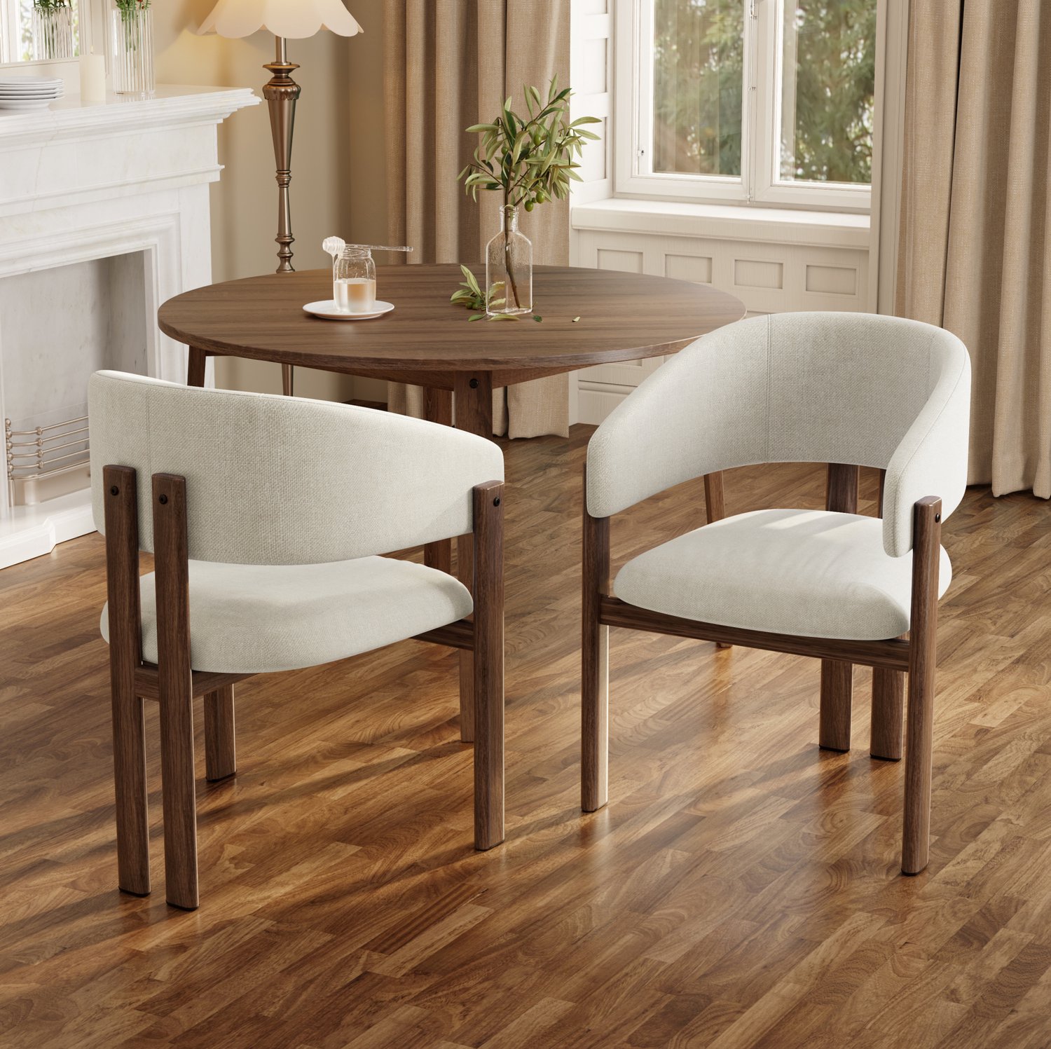 Maisentiel Set van 2 eetkamerstoelen 61,5 x 52,5 x 83 cm met armleuningen, stof en metaal, beige Walnootkleurig