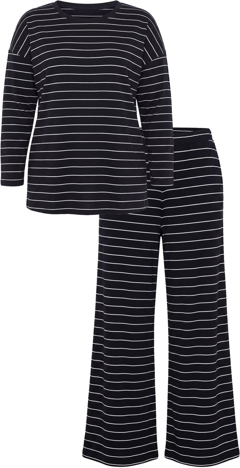 Ulla Popken - Dames - Pyjama strepen ronde hals lange mouwen biologisch katoen - Zwart - Maat 62+