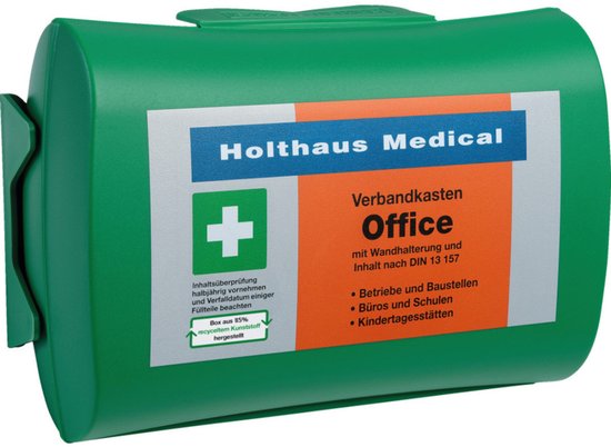 Groene Holthaus Medical EHBO-doos Office met oranje, blauw en wit label voor bedrijven en scholen.