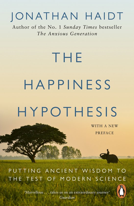 Boekomslag van The Happiness Hypothesis door Jonathan Haidt met een olifant en berijder in een zonsondergang.