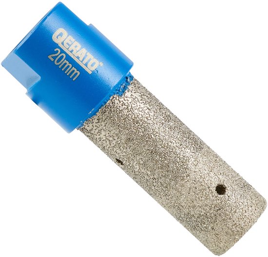 Gekantelde Qerato diamantboor, 20 mm, blauwe dop, zilverkleurig ruw metaal met boorgaten.