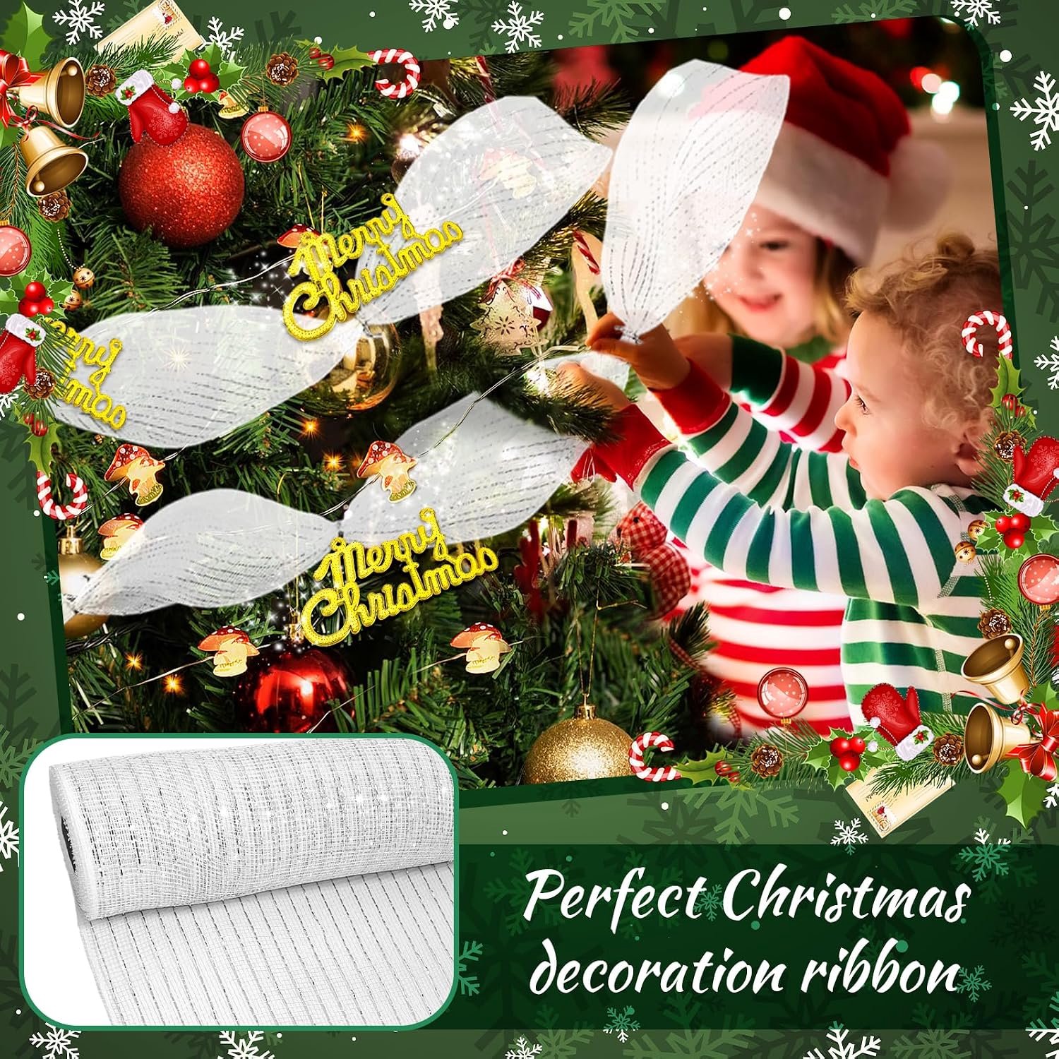 Kerstlint - 25 cm * 9,1 m - DIY Kerstboom mesh rol scène lay-out - mesh lint - Kerstdecoratie - Kerst mesh lint rol - feestdecoratie - mesh lintrol - vaak gebruikt voor het versieren van slingers, kerstbomen en geschenkverpakkingen - wit zilverdraad – foto 6
