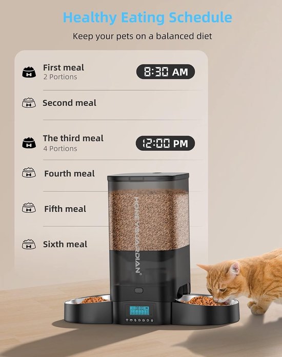 Automatische Voerdispenser voor 2 Katten of Honden, 5L met Timer, Evenredige Voedselverdeling en 10s Stemopname voor 1-6 Maaltijden per Dag — afbeelding 2