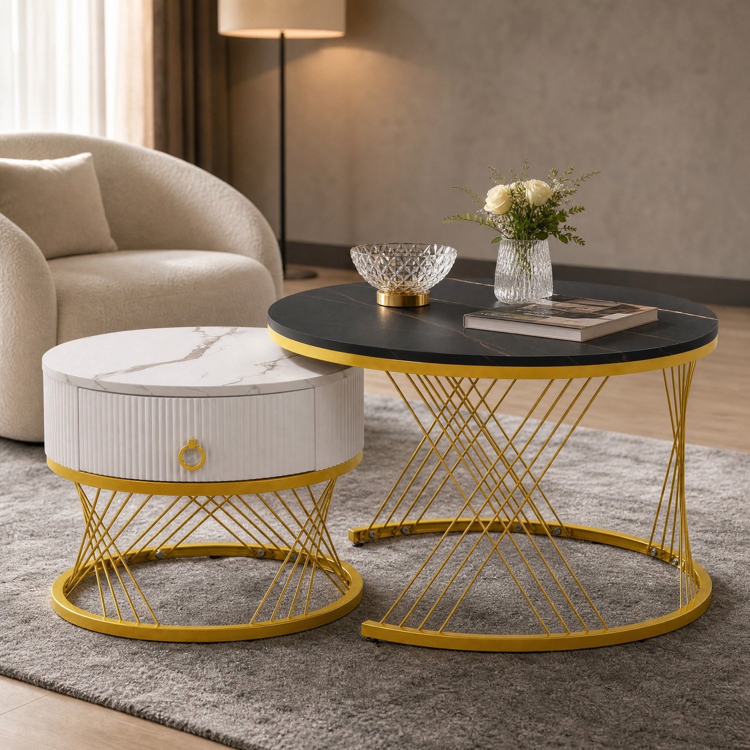 Maisentiel 2-delige salontafelset 70 x 70 cm - MDF, marmerlook, lade, zwart/wit/goud