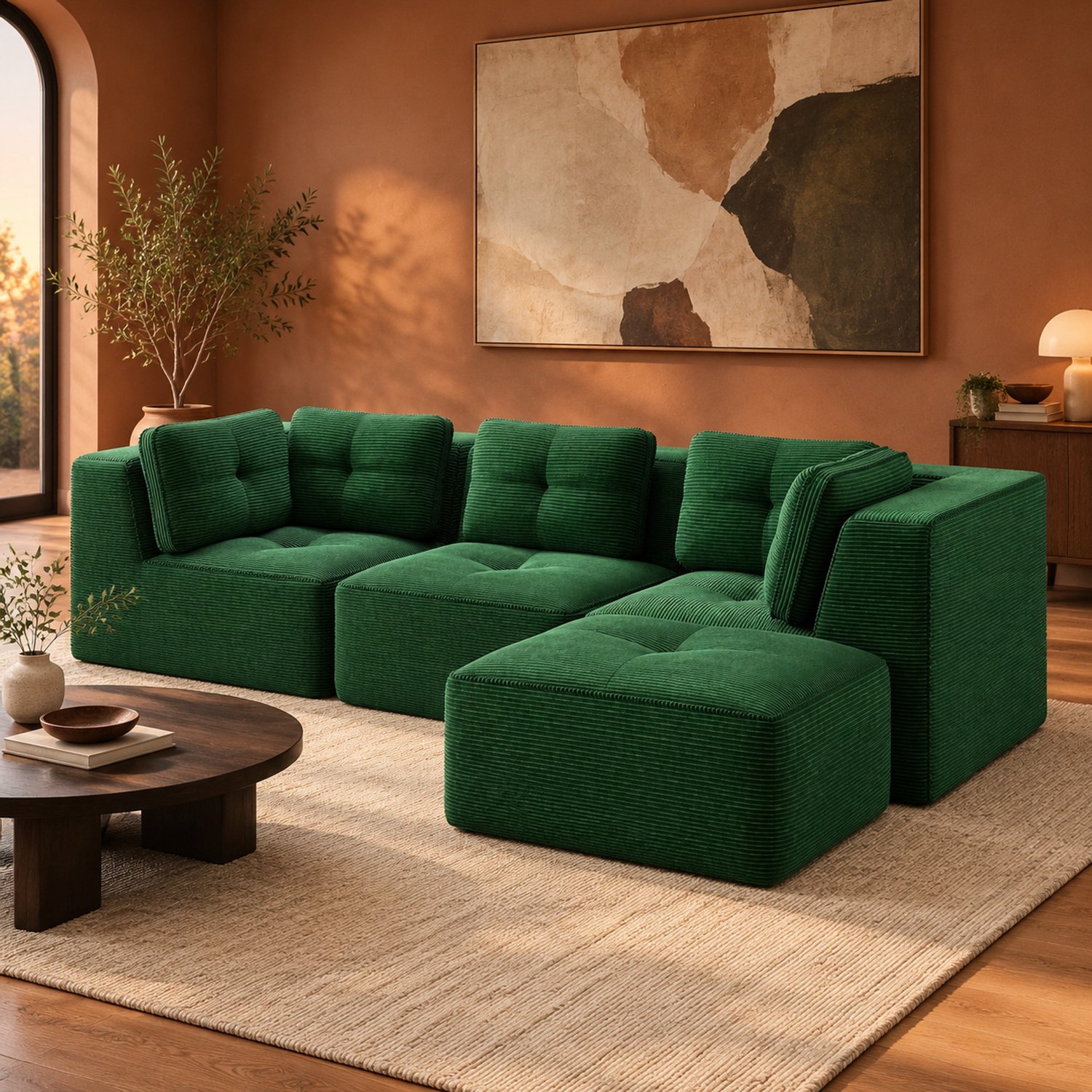 WUVRIE Modulaire hoekbank 297x177 cm - 3-zits met ottomaan en brede armleuningen - Groen