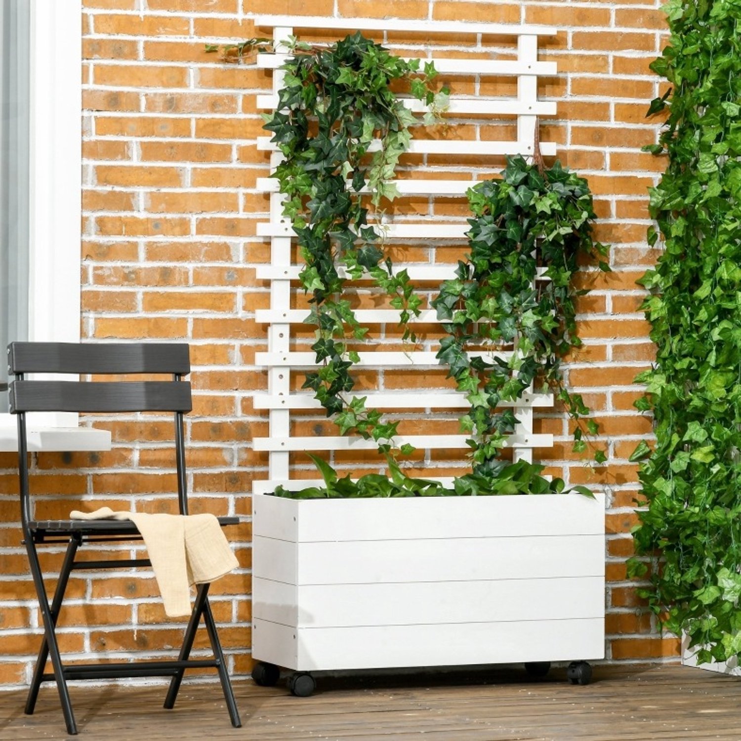 MIVRAY Plantenbak - Met Klimrek En Wielen - 76 x 30 x 155 cm - Hout - Wit - Voor Binnen En Buiten - Met Remmen Voor Klimplanten